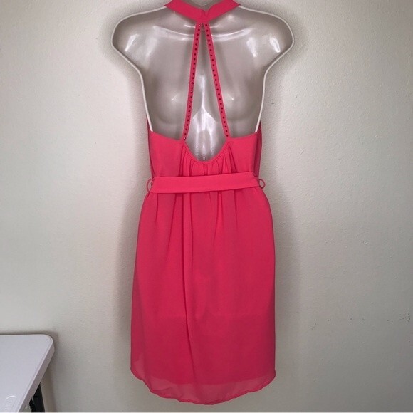 NWOT Naked Zebra Studded T Back Blingy Strappy Hi Low Deep V Coral Dress Medium - Picture 5 of 13